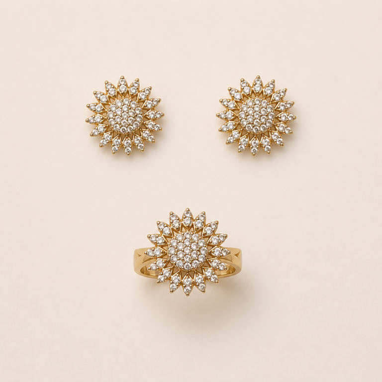 Golden Sunburst Crystal Ring Set